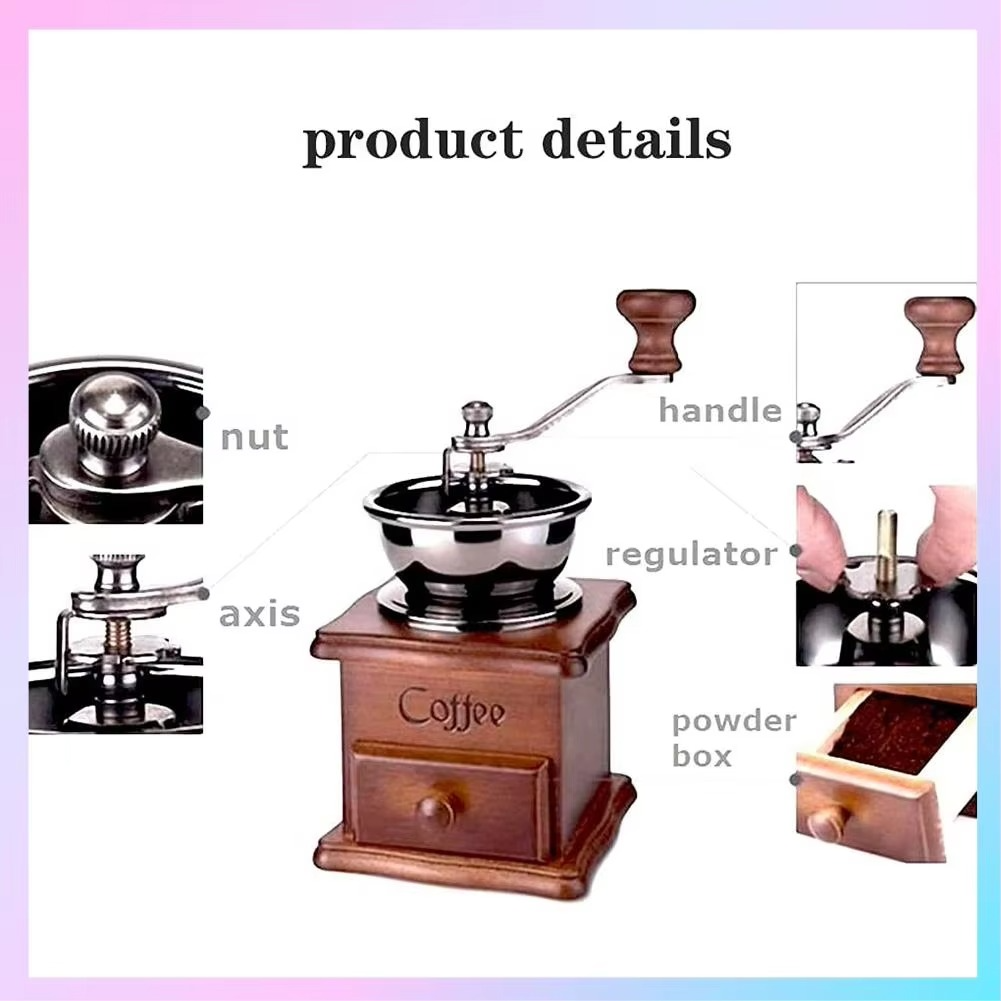 ABRG-Manual Coffee Grinder Vintage Antique Style Wooden Coffee Grinder Classic Hand-Cranked Coffee Grinder