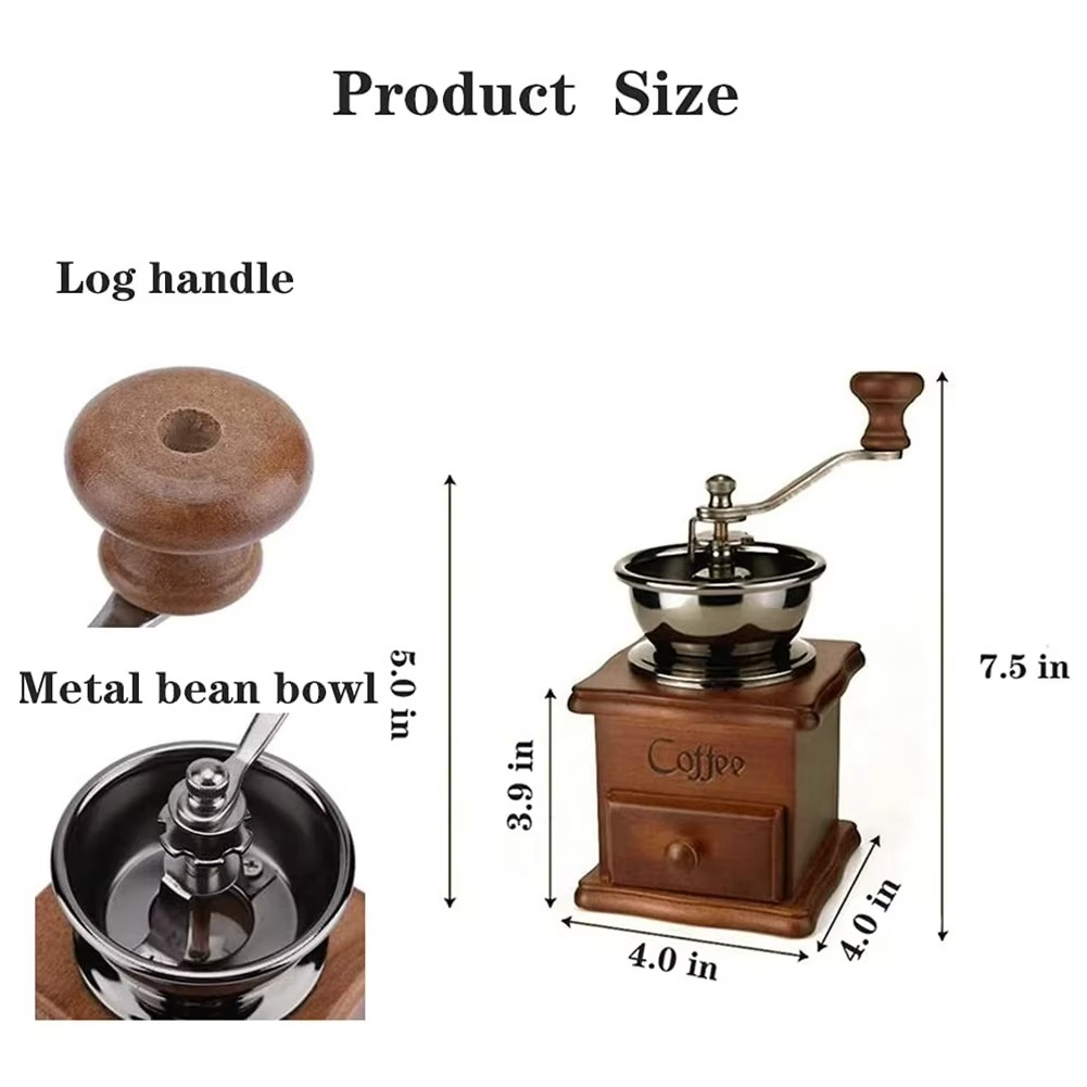 ABRG-Manual Coffee Grinder Vintage Antique Style Wooden Coffee Grinder Classic Hand-Cranked Coffee Grinder