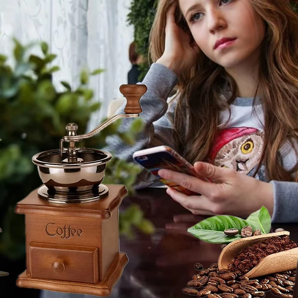 ABRG-Manual Coffee Grinder Vintage Antique Style Wooden Coffee Grinder Classic Hand-Cranked Coffee Grinder