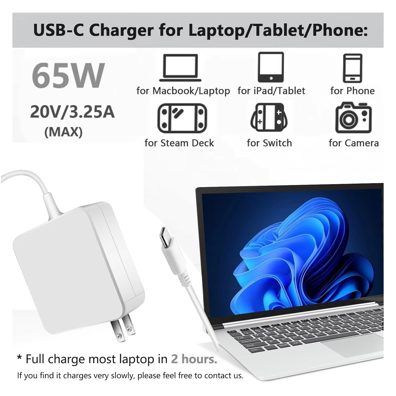 Reletech 65W USB C Laptop Power Adapter Fast Charger Fort MacBook Dell Lenovo Huawei HP Notebook
