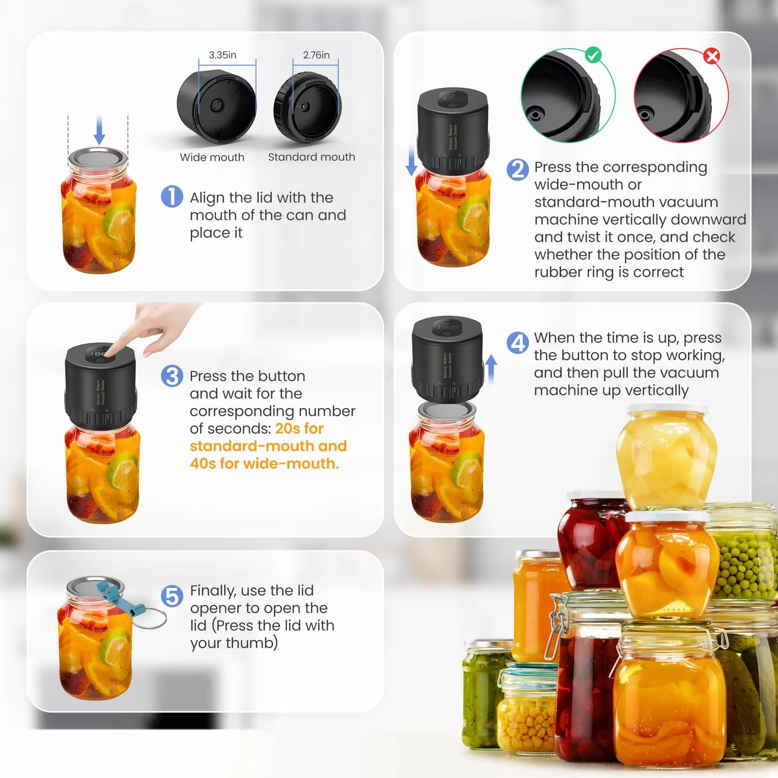 mason Jar Vacuum Sealer cordless for Canning Jars with Wide and Regular Mouth Mason Lids Vacuum Sealing Machine for Food Storage