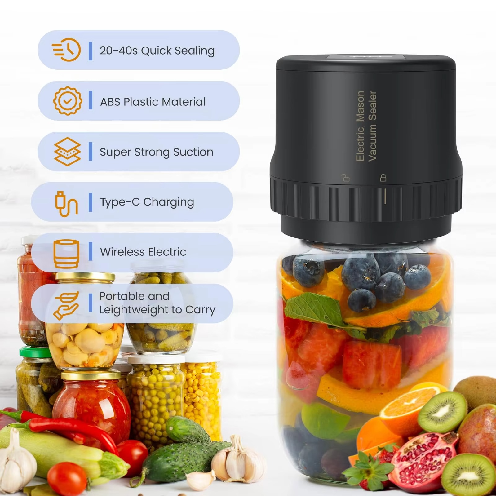 mason Jar Vacuum Sealer cordless for Canning Jars with Wide and Regular Mouth Mason Lids Vacuum Sealing Machine for Food Storage