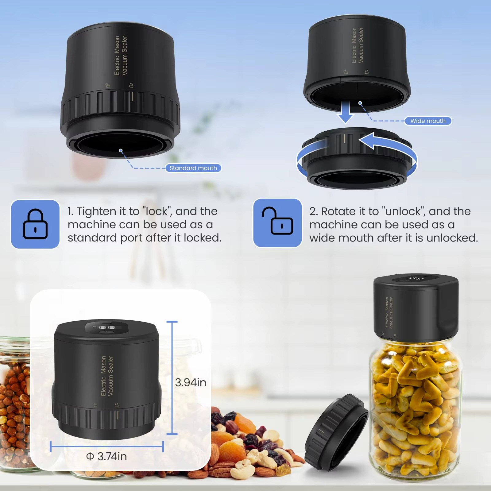 mason Jar Vacuum Sealer cordless for Canning Jars with Wide and Regular Mouth Mason Lids Vacuum Sealing Machine for Food Storage