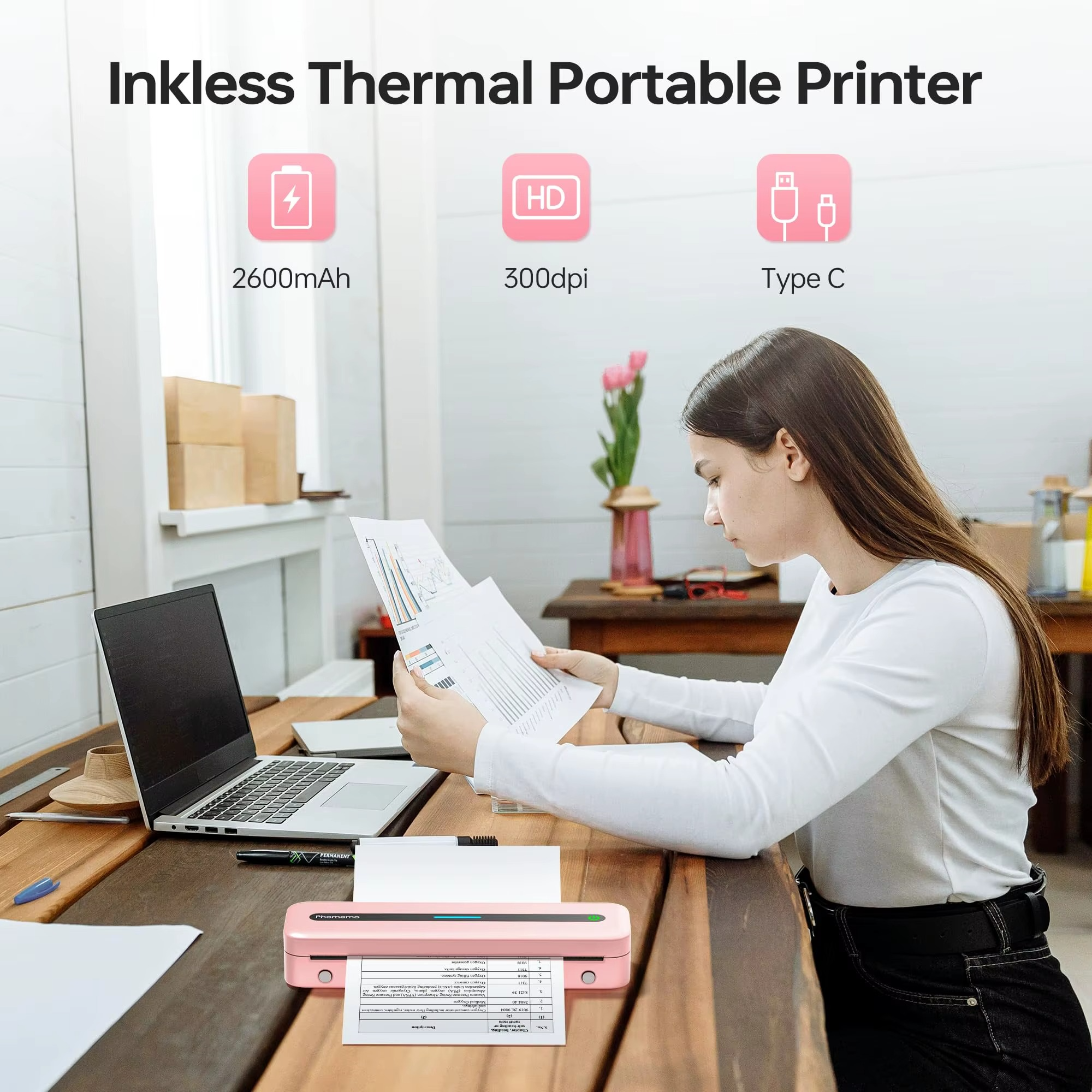 Phomemo Portable Thermal Printer M832 for Travel Home Work Use Thermal 300DPI Inkless Mobile Printer Compatible with Android iOS