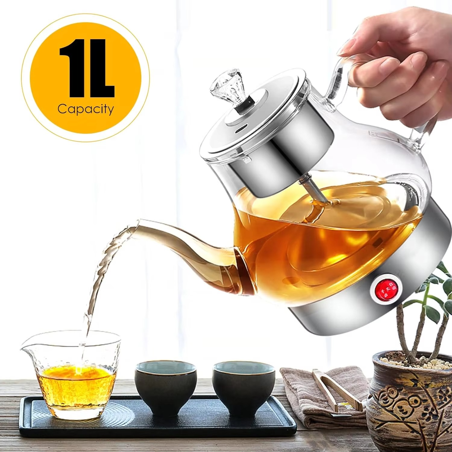 Electric Kettle 1L Glass Kettle, Fast Heating Hot Water Kettle, Jugs Kettle for Hot Water Tea Automatic Power Off/Sier/Sier/Blac