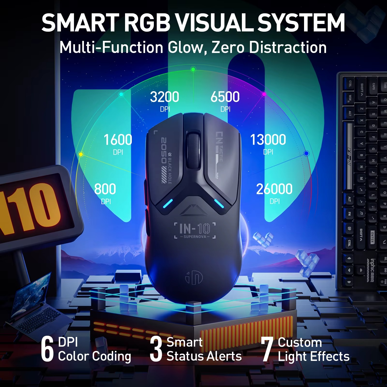 INPHIC IN10P Wireless Gaming Mouse: 26K DPI, 8K Polling, 100M Clicks, PAW3395, Triple Mode (BT/Wired/2.4G), Lightweight