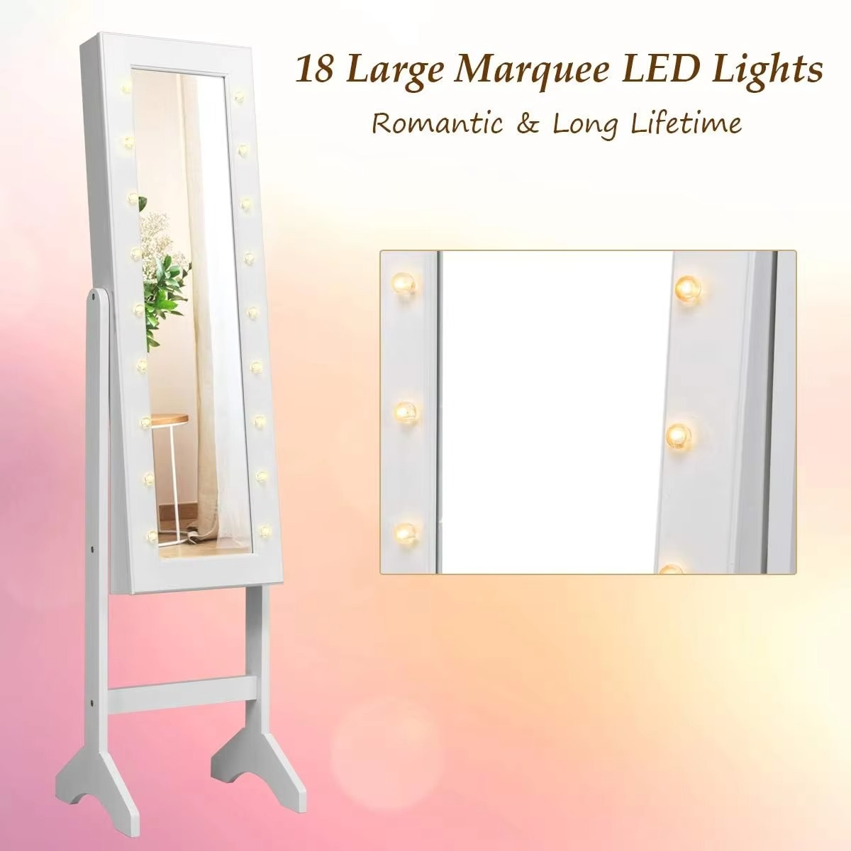 Jewelry Armoire w/Standing Full-Length Mirror, Large Storage Mirrored Jewelry Cabinet w/LED Lights Around the Door, Freestanding