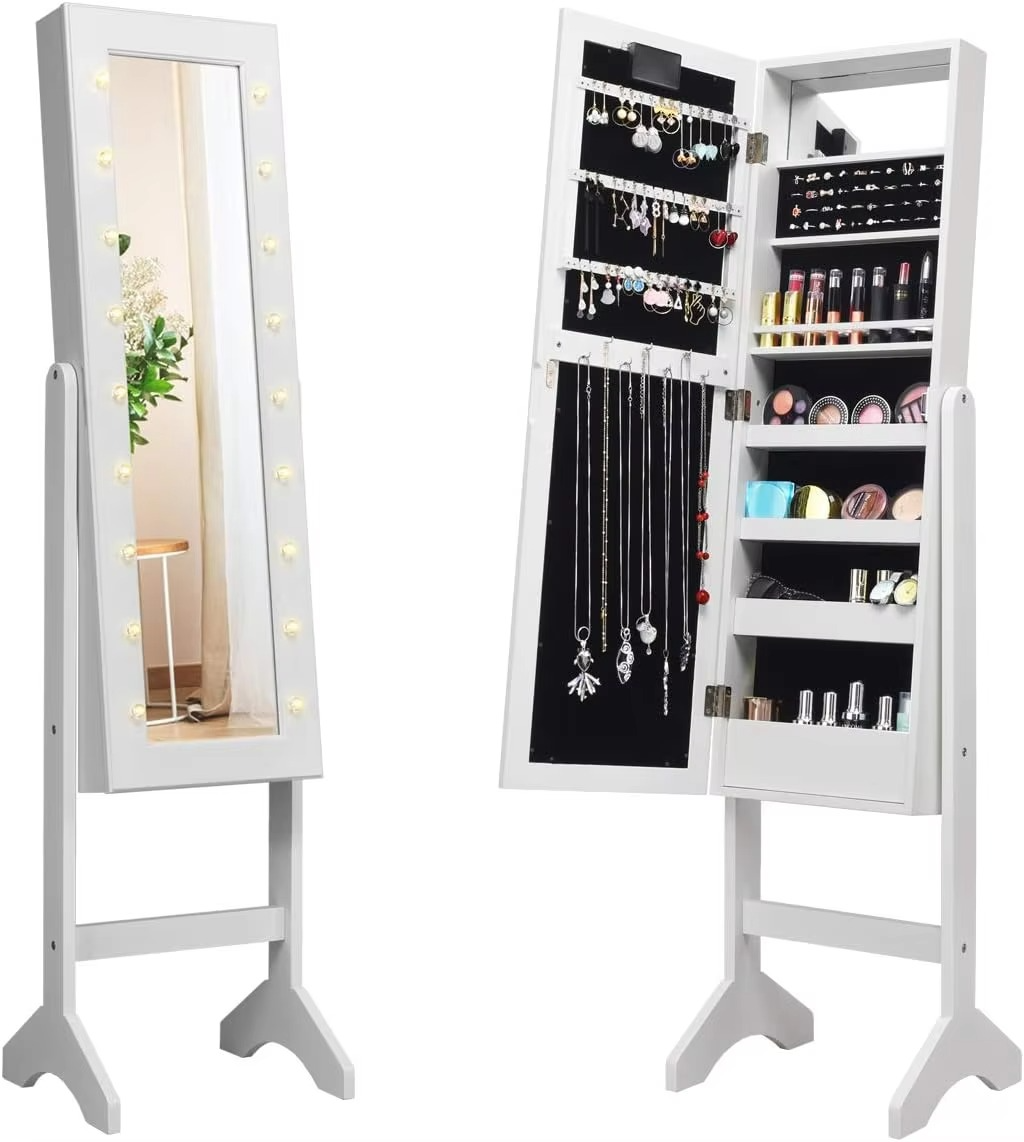 Jewelry Armoire w/Standing Full-Length Mirror, Large Storage Mirrored Jewelry Cabinet w/LED Lights Around the Door, Freestanding