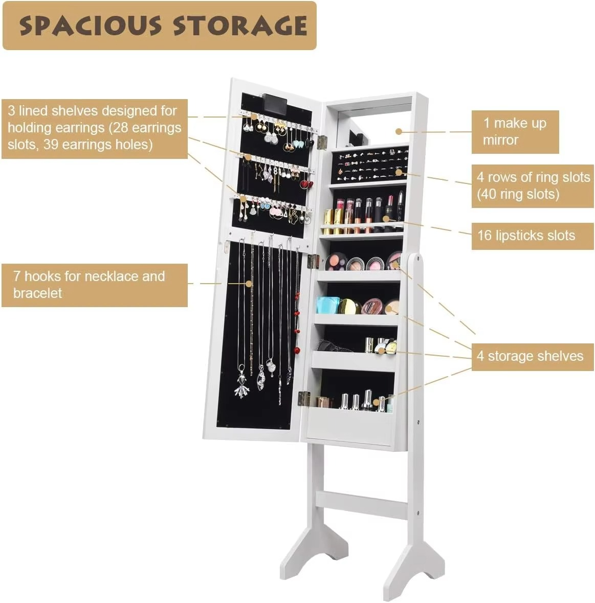 Jewelry Armoire w/Standing Full-Length Mirror, Large Storage Mirrored Jewelry Cabinet w/LED Lights Around the Door, Freestanding
