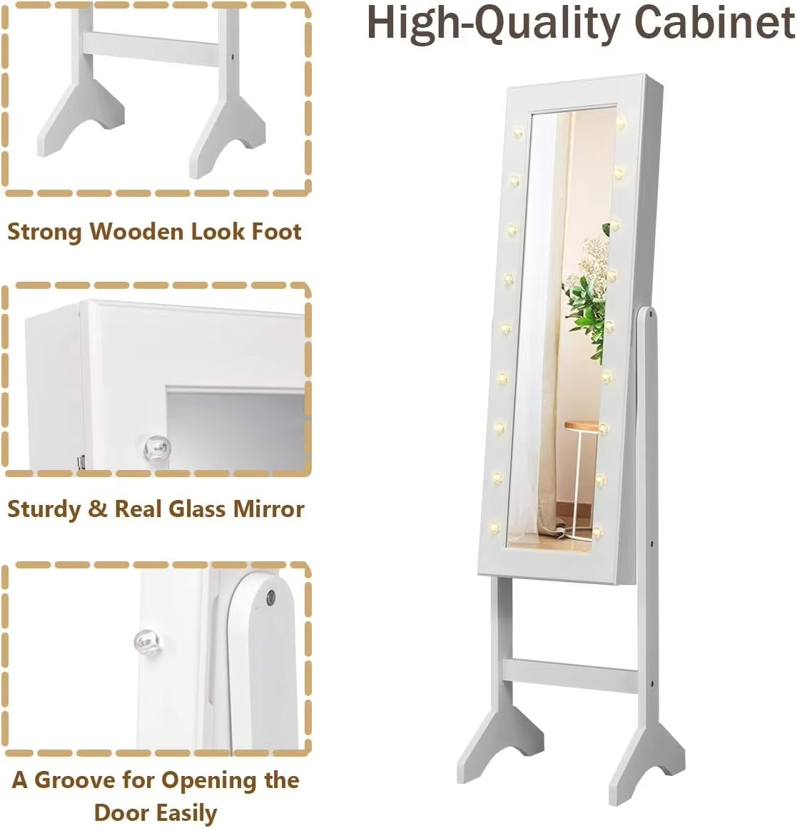 Jewelry Armoire w/Standing Full-Length Mirror, Large Storage Mirrored Jewelry Cabinet w/LED Lights Around the Door, Freestanding