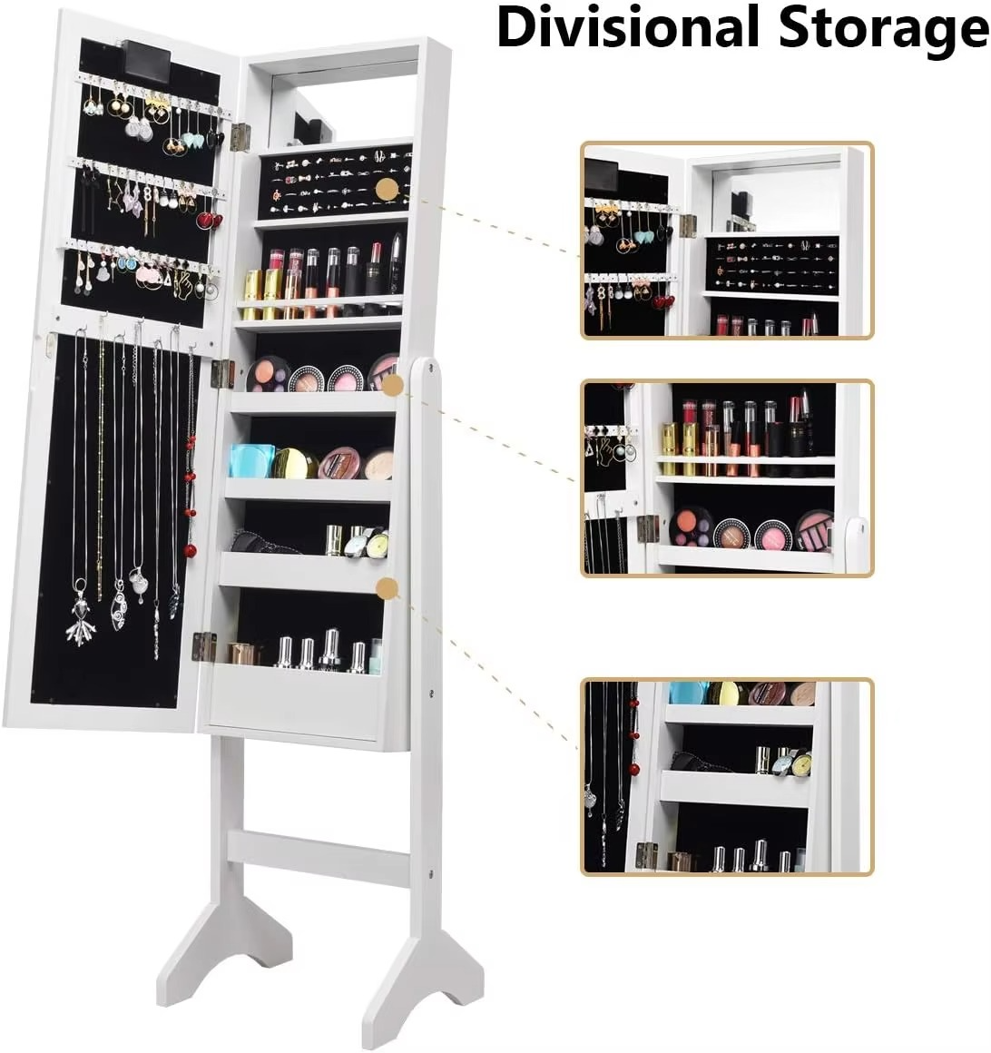 Jewelry Armoire w/Standing Full-Length Mirror, Large Storage Mirrored Jewelry Cabinet w/LED Lights Around the Door, Freestanding
