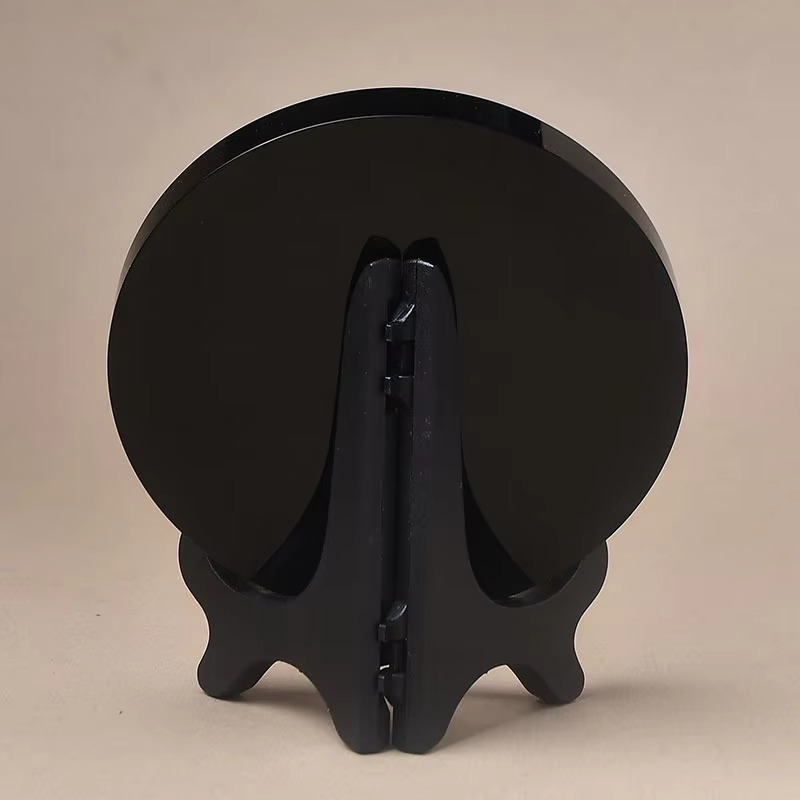 15cm Natural Black Obsidian Circle Disk Round Plate Fengshui Mirror Smoking Crystal Stone For Home & Office Decor + Shelf