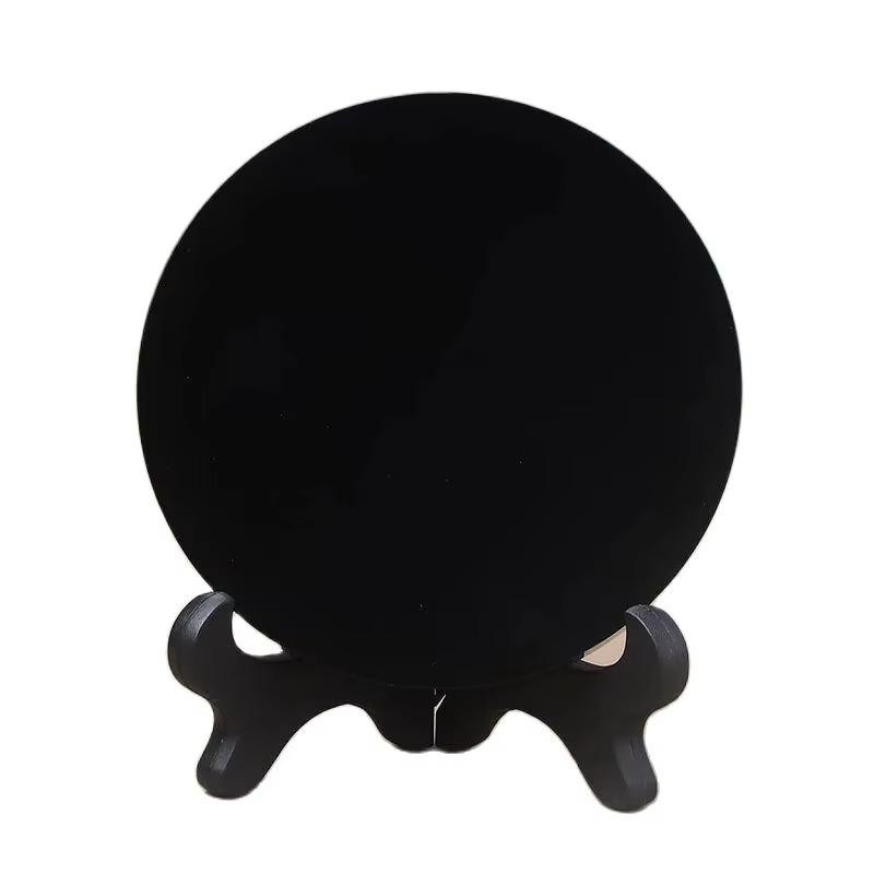 15cm Natural Black Obsidian Circle Disk Round Plate Fengshui Mirror Smoking Crystal Stone For Home & Office Decor + Shelf