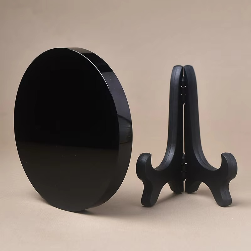 15cm Natural Black Obsidian Circle Disk Round Plate Fengshui Mirror Smoking Crystal Stone For Home & Office Decor + Shelf