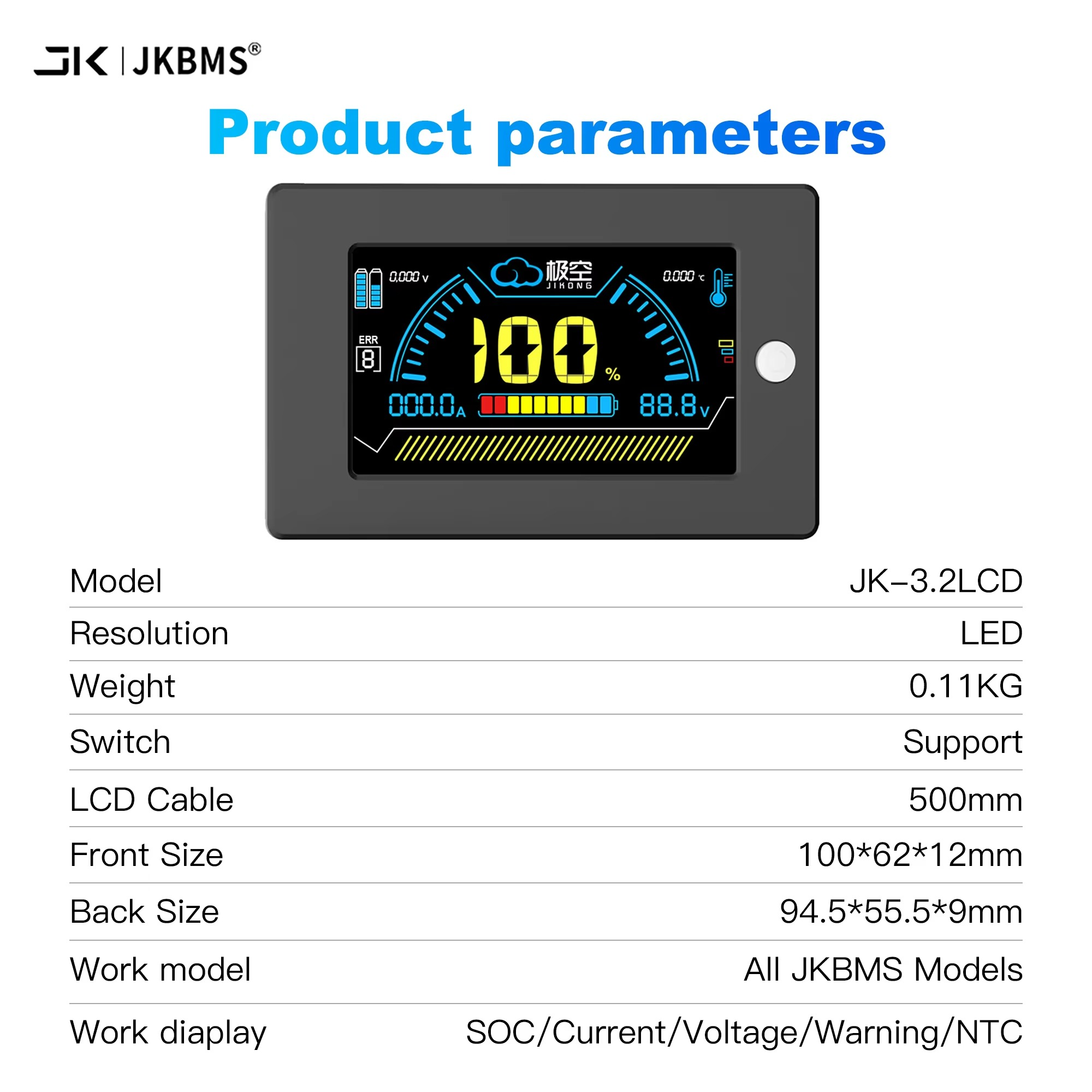 JKBMS Smart BMS LCD Display 3.2 Inch Lithium Battery Smart Bms Accessories Intelligent Battery Level Indicator JK BMS Monitor