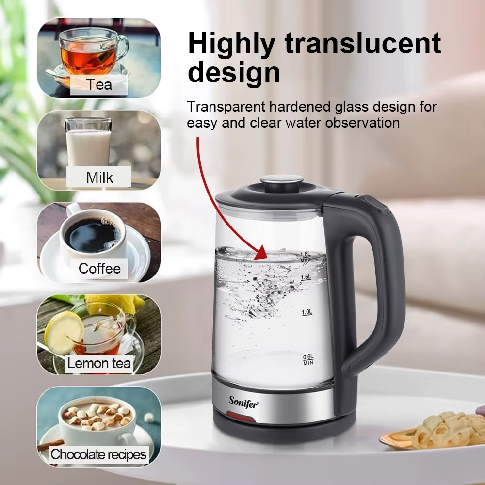 Sonifer 1.8L Glass Electric Kettle Tea Kettle with Stainless Steel Interior Auto Shut-Off Boil-Dry Protection 1500W Fast Boil