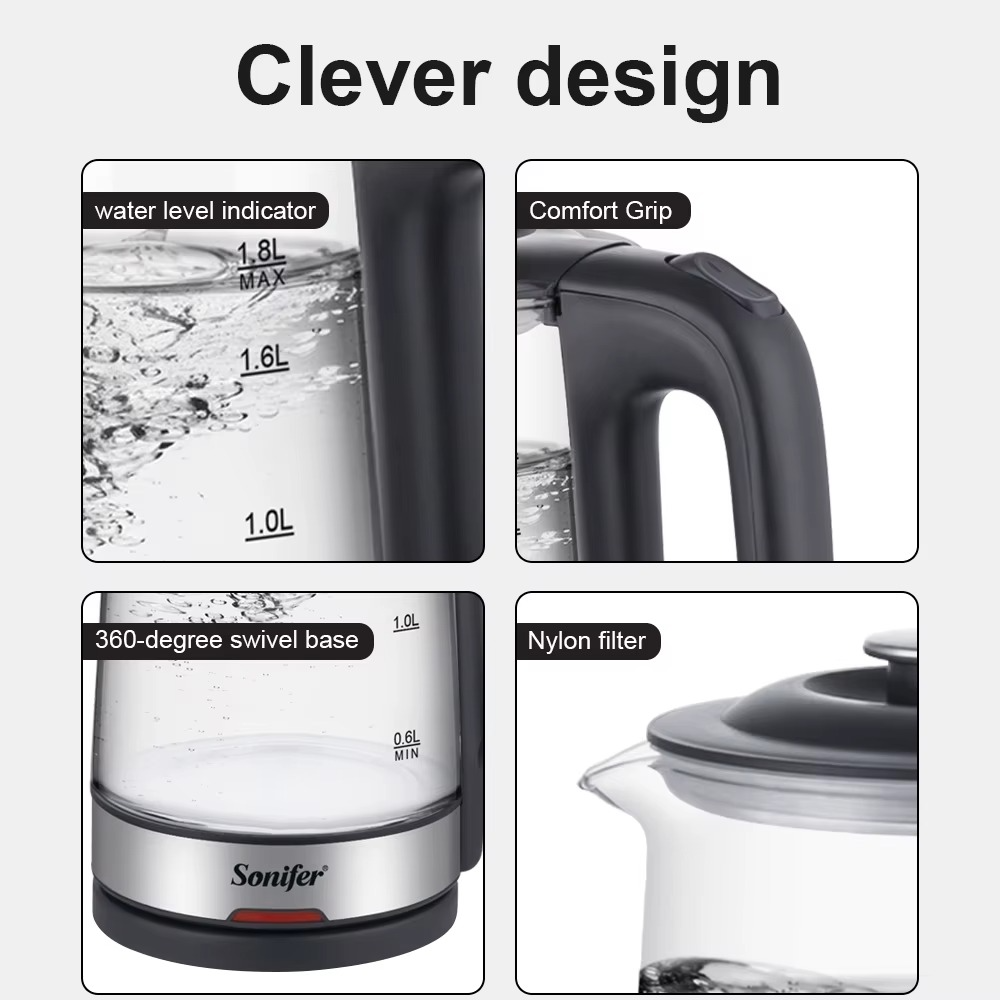 Sonifer 1.8L Glass Electric Kettle Tea Kettle with Stainless Steel Interior Auto Shut-Off Boil-Dry Protection 1500W Fast Boil