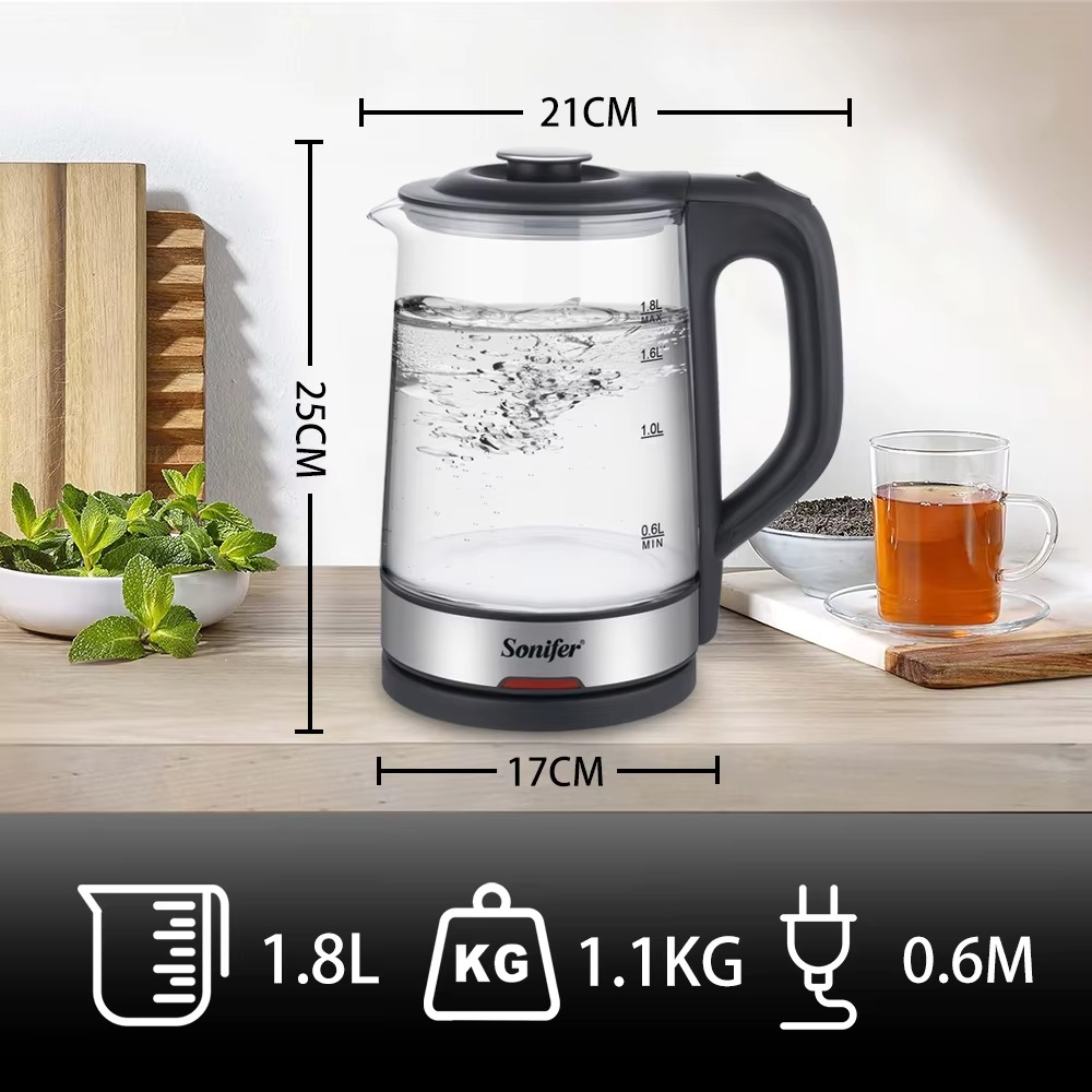 Sonifer 1.8L Glass Electric Kettle Tea Kettle with Stainless Steel Interior Auto Shut-Off Boil-Dry Protection 1500W Fast Boil