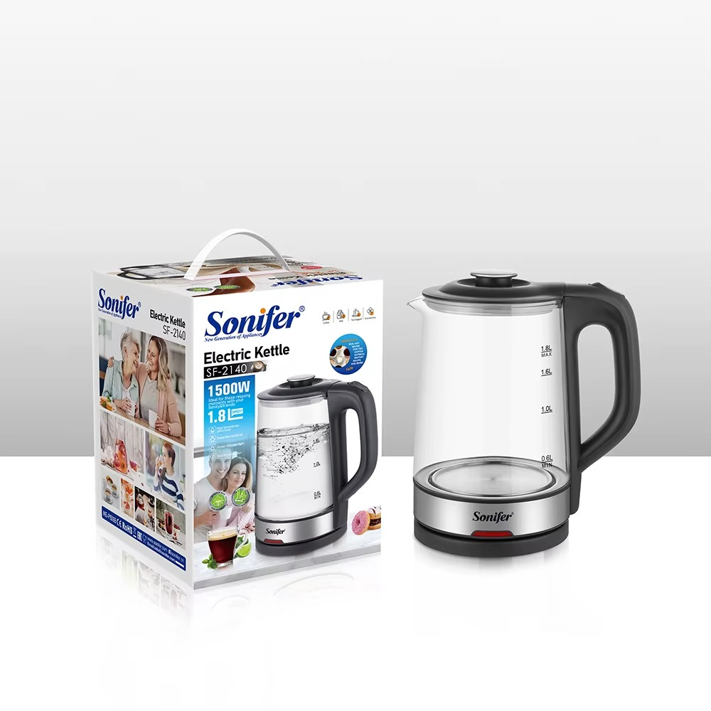 Sonifer 1.8L Glass Electric Kettle Tea Kettle with Stainless Steel Interior Auto Shut-Off Boil-Dry Protection 1500W Fast Boil