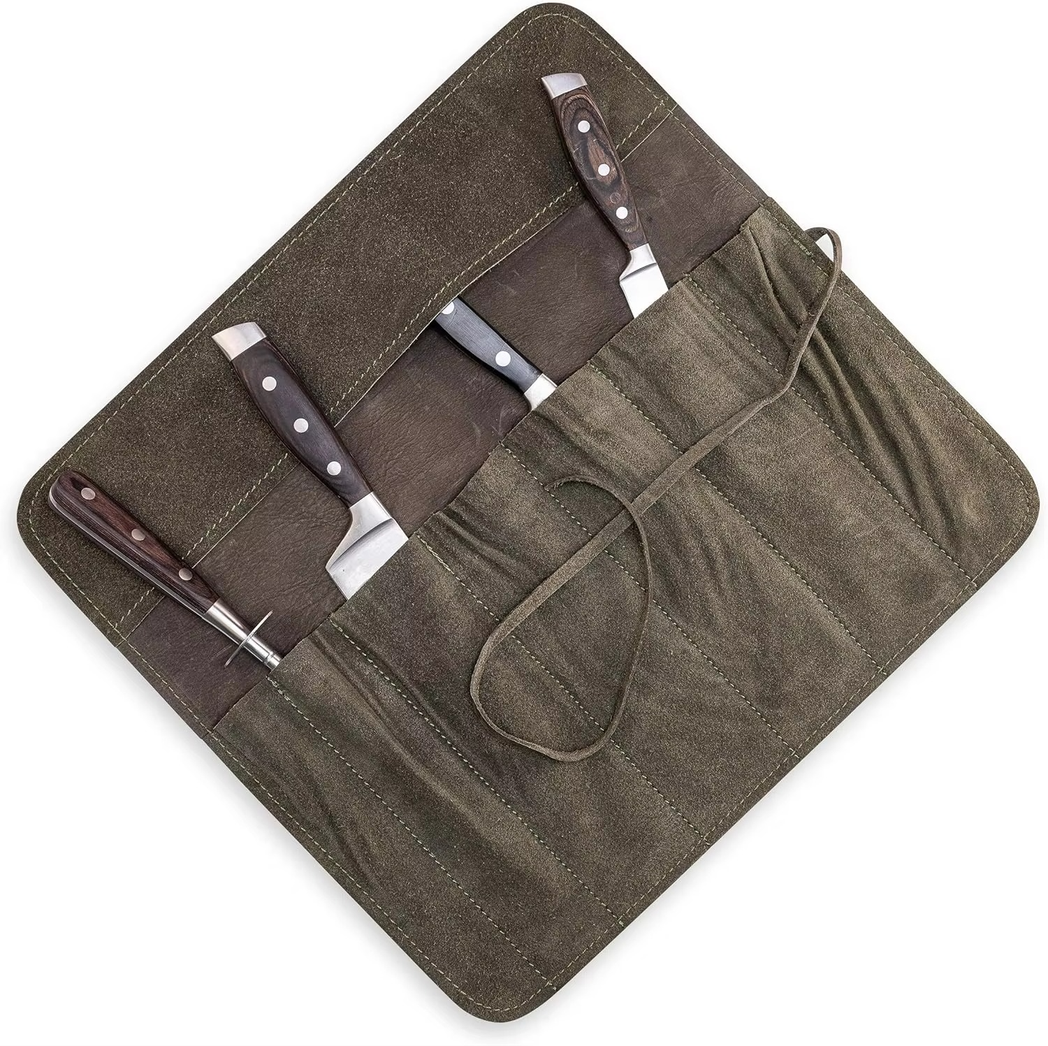 Stoke Knife Bag for Chefs–knife Roll Bag leather 7 slots – Leather Knife Case Noah (green-olive)