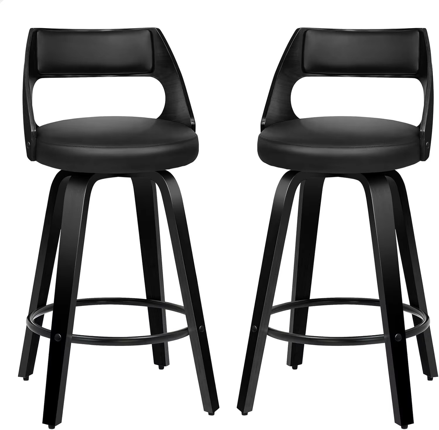 2X Bar Stools, Swivel Wooden Counter Stool with Footrest, Adjustable Leather Dining Chairs in 65cm Seat Height, Kitchen Stool fo