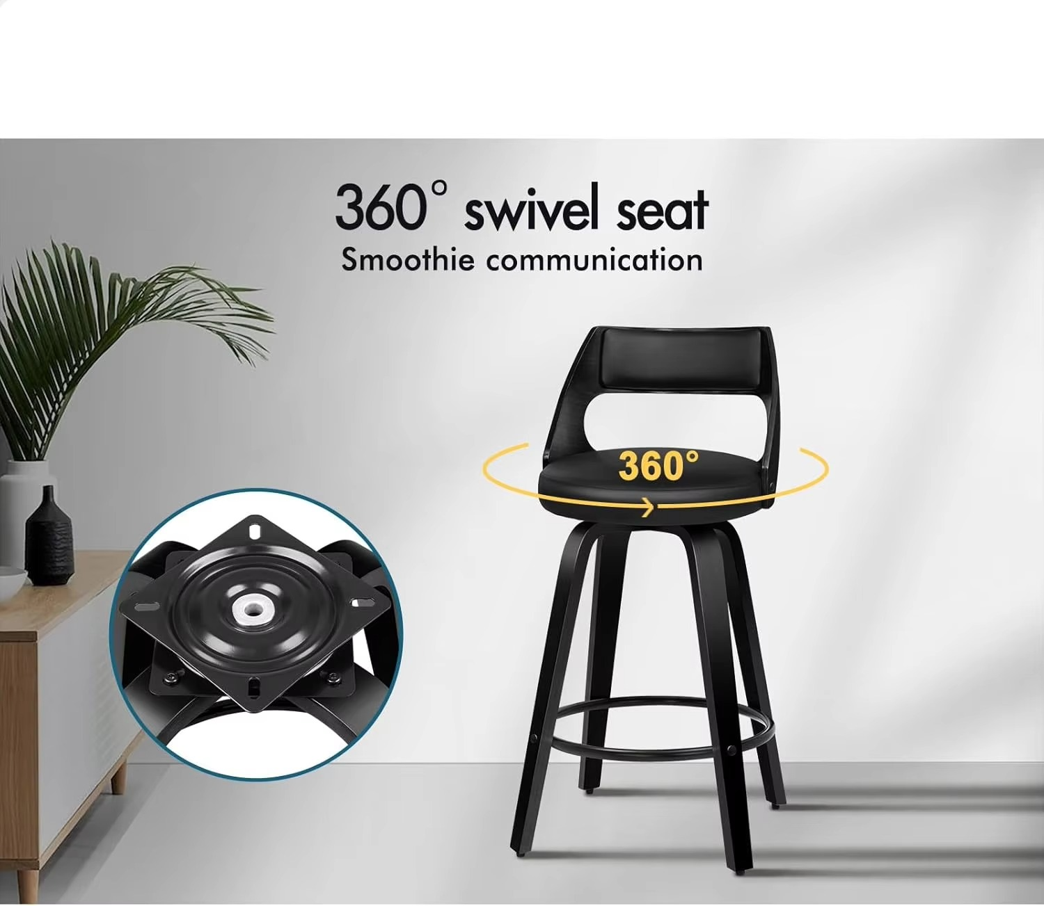 2X Bar Stools, Swivel Wooden Counter Stool with Footrest, Adjustable Leather Dining Chairs in 65cm Seat Height, Kitchen Stool fo