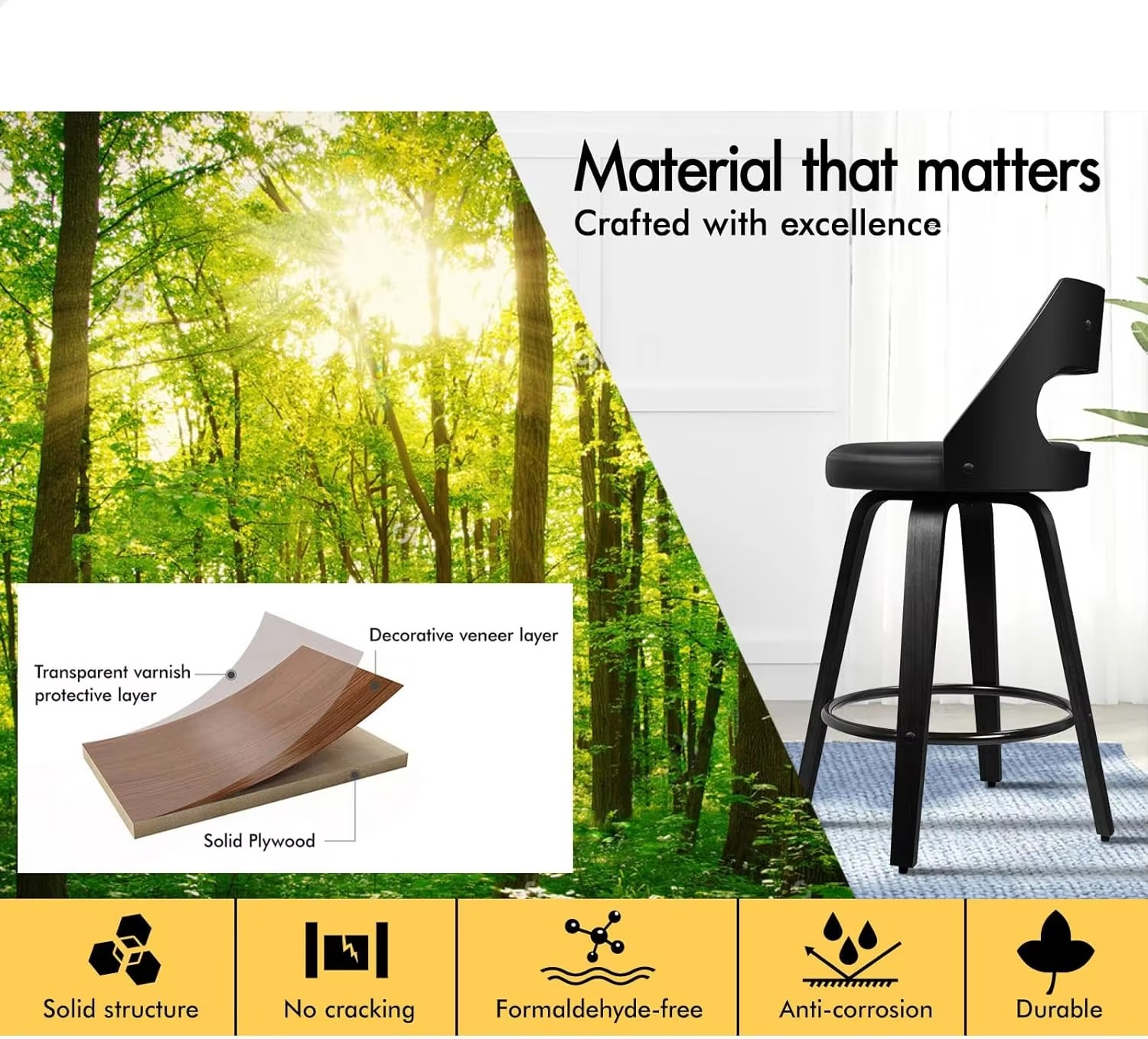 2X Bar Stools, Swivel Wooden Counter Stool with Footrest, Adjustable Leather Dining Chairs in 65cm Seat Height, Kitchen Stool fo