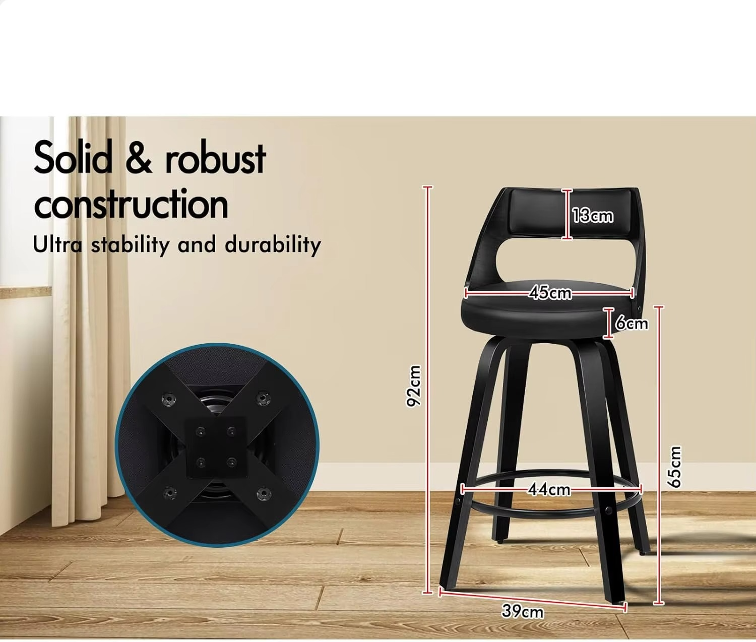 2X Bar Stools, Swivel Wooden Counter Stool with Footrest, Adjustable Leather Dining Chairs in 65cm Seat Height, Kitchen Stool fo