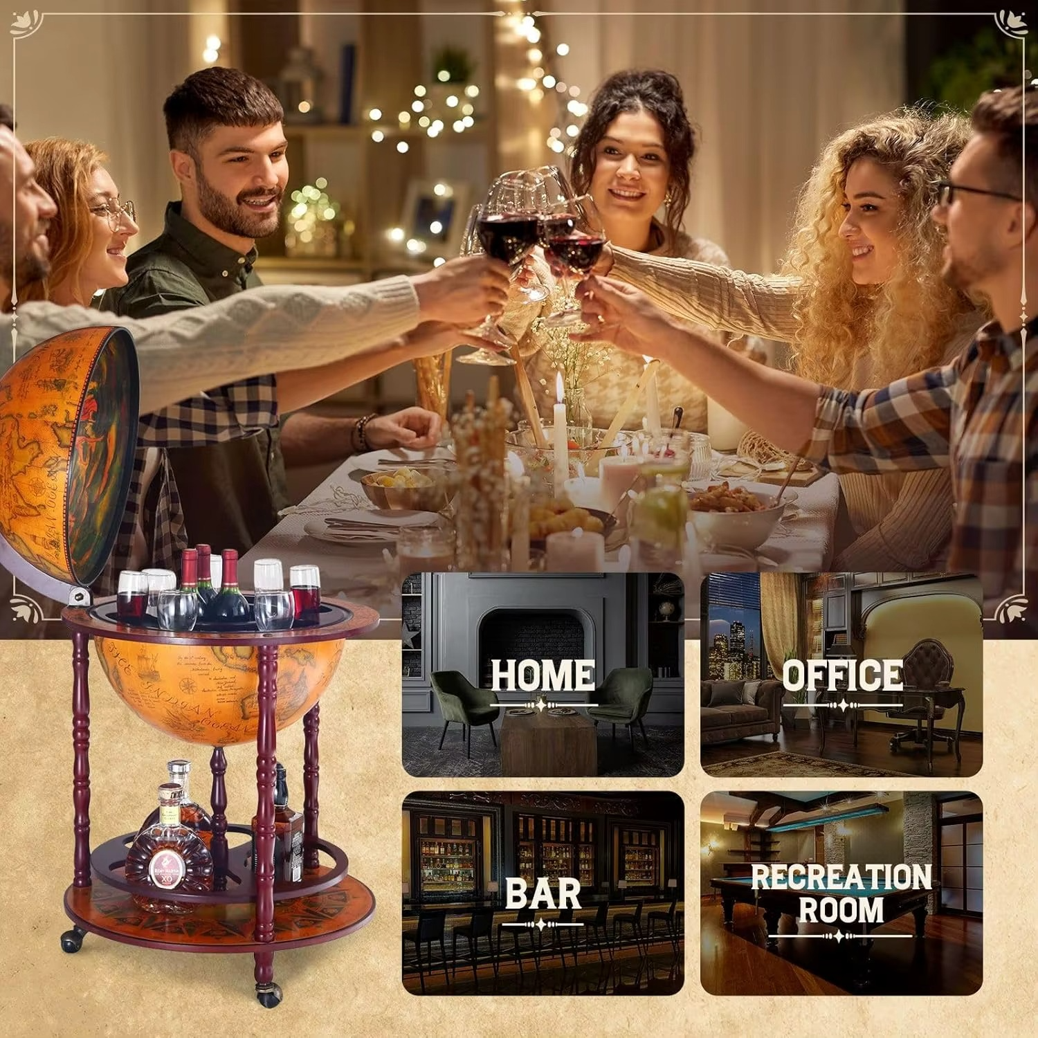 Antique Globe Bar Stand Wooden Cabinet Cart Drinks Rack Wine Storage Serving Trolley Bottle Mini Round Alcohol Mobile Stand Mid-