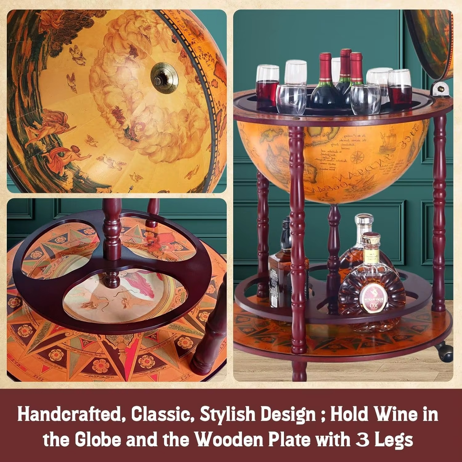 Antique Globe Bar Stand Wooden Cabinet Cart Drinks Rack Wine Storage Serving Trolley Bottle Mini Round Alcohol Mobile Stand Mid-