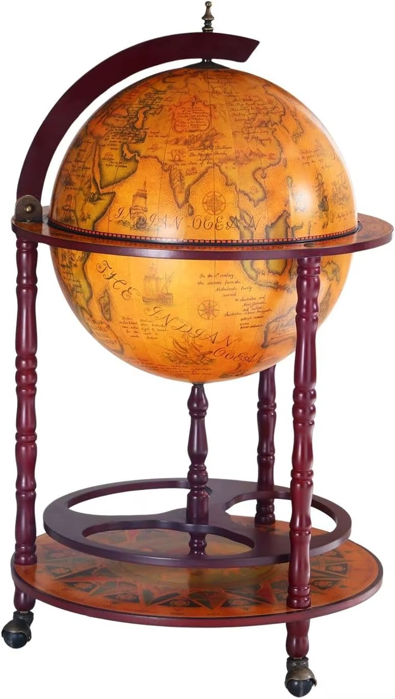 Antique Globe Bar Stand Wooden Cabinet Cart Drinks Rack Wine Storage Serving Trolley Bottle Mini Round Alcohol Mobile Stand Mid-