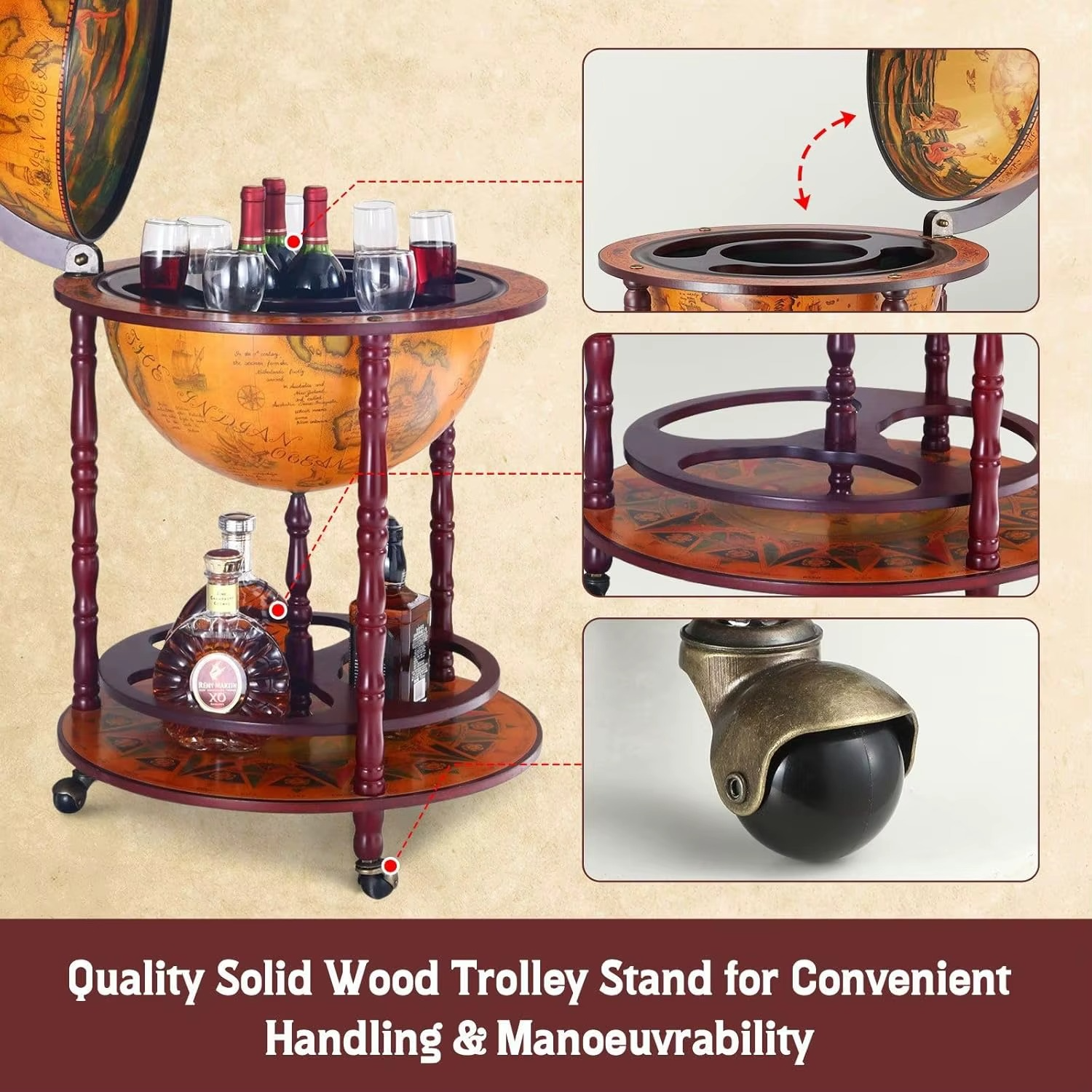 Antique Globe Bar Stand Wooden Cabinet Cart Drinks Rack Wine Storage Serving Trolley Bottle Mini Round Alcohol Mobile Stand Mid-