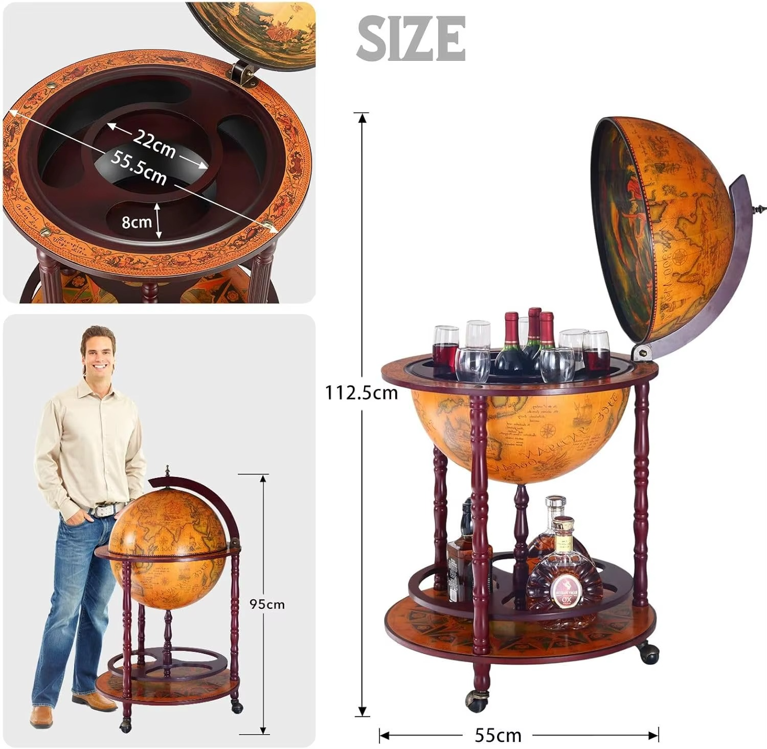 Antique Globe Bar Stand Wooden Cabinet Cart Drinks Rack Wine Storage Serving Trolley Bottle Mini Round Alcohol Mobile Stand Mid-