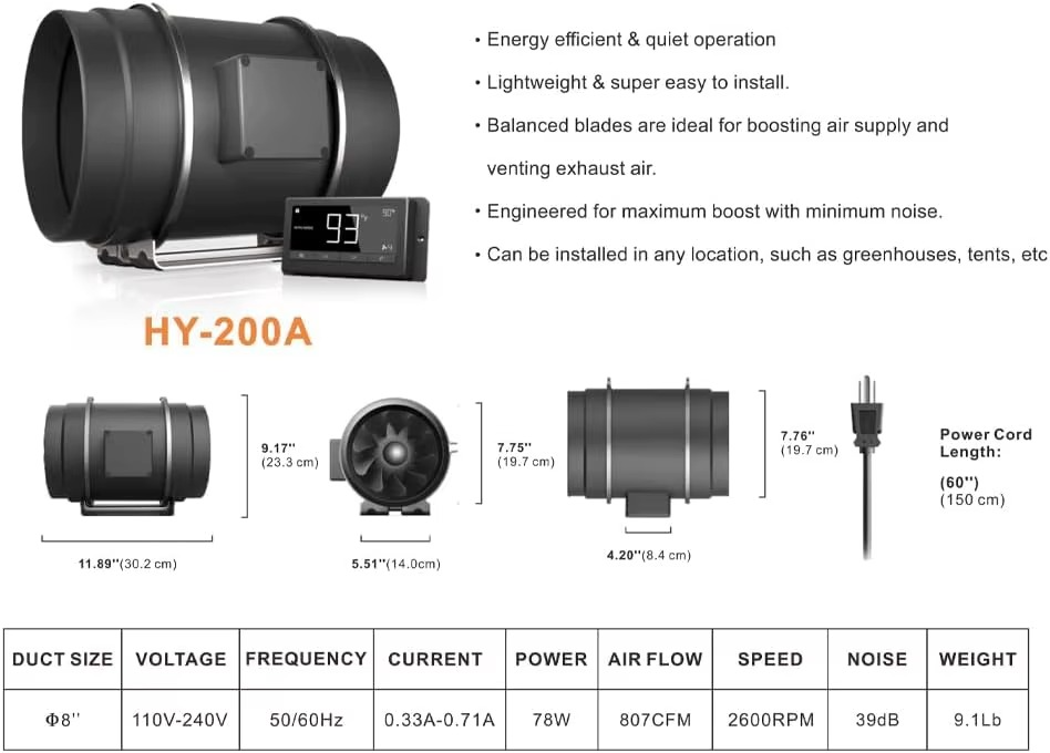 6 inch 150mm Black Intelligent Inline Fan With Temperature Humidity Controller, Exhaust Fan with Speed Controller For Heating Co