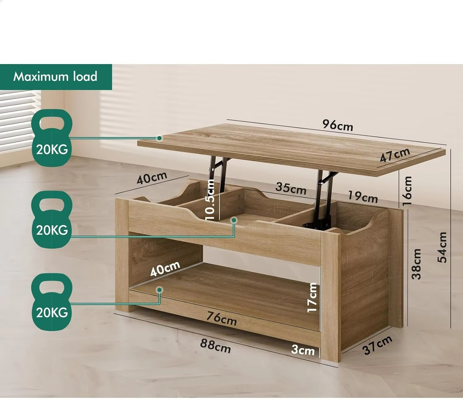 Lift Tabletop Coffee Table Center Table Wood Color, Living Room Office Reception Dining Table with Rising Top, Hidden Storage a