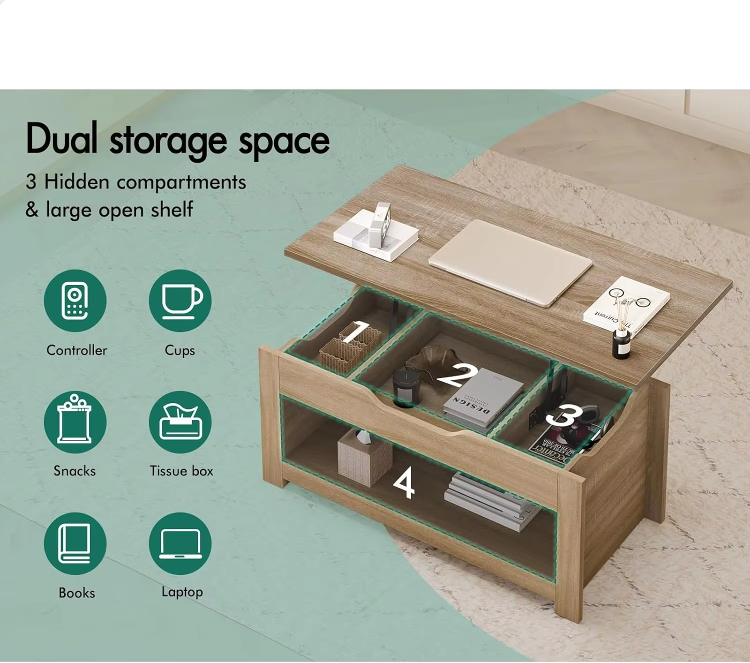 Lift Tabletop Coffee Table Center Table Wood Color, Living Room Office Reception Dining Table with Rising Top, Hidden Storage a