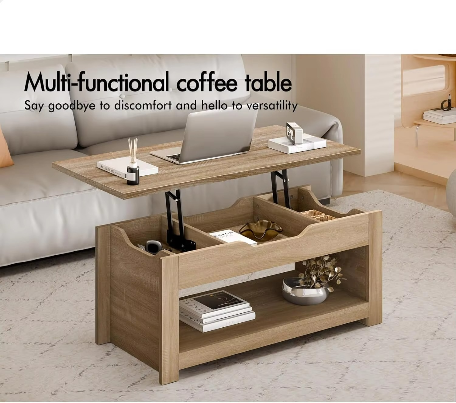Lift Tabletop Coffee Table Center Table Wood Color, Living Room Office Reception Dining Table with Rising Top, Hidden Storage a