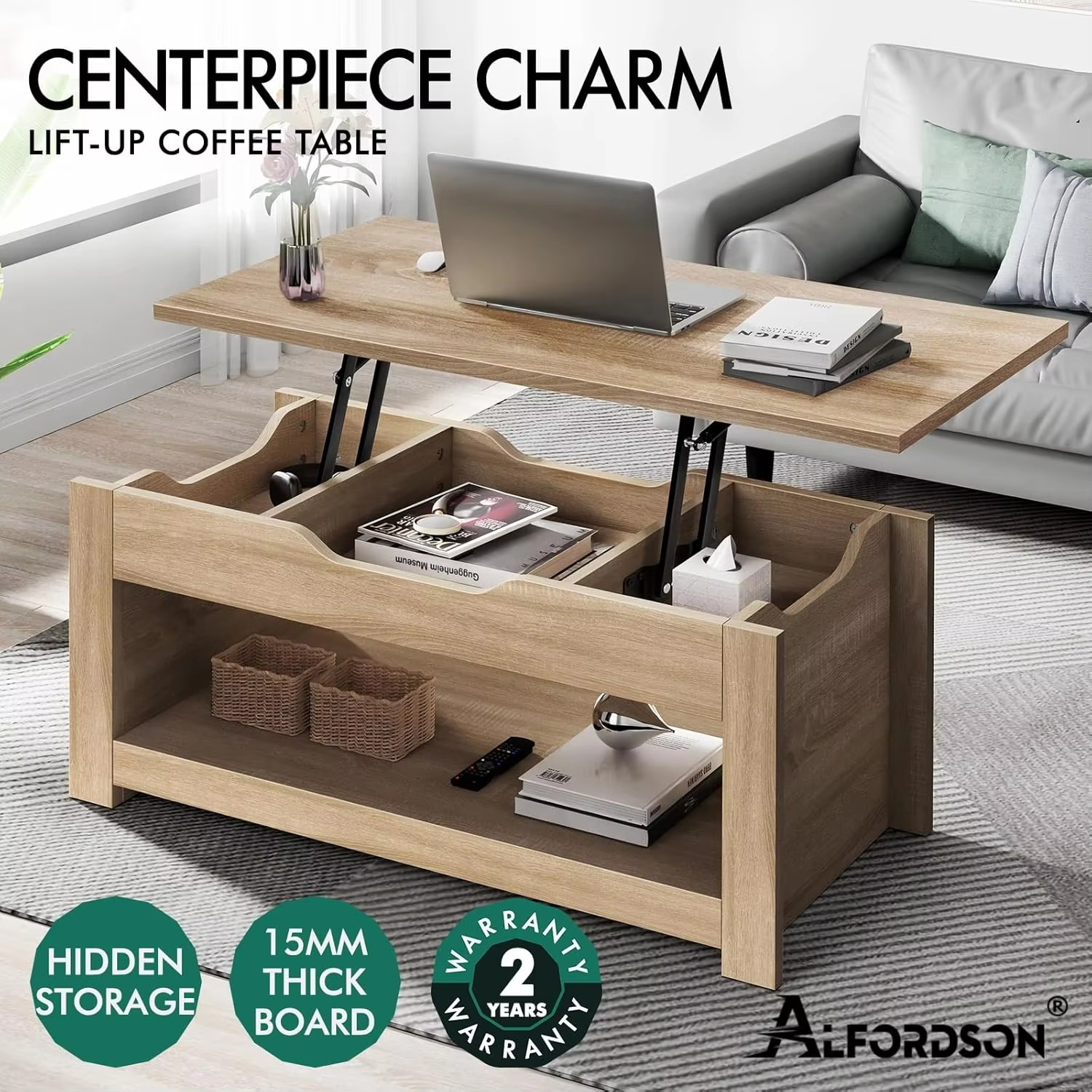 Lift Tabletop Coffee Table Center Table Wood Color, Living Room Office Reception Dining Table with Rising Top, Hidden Storage a