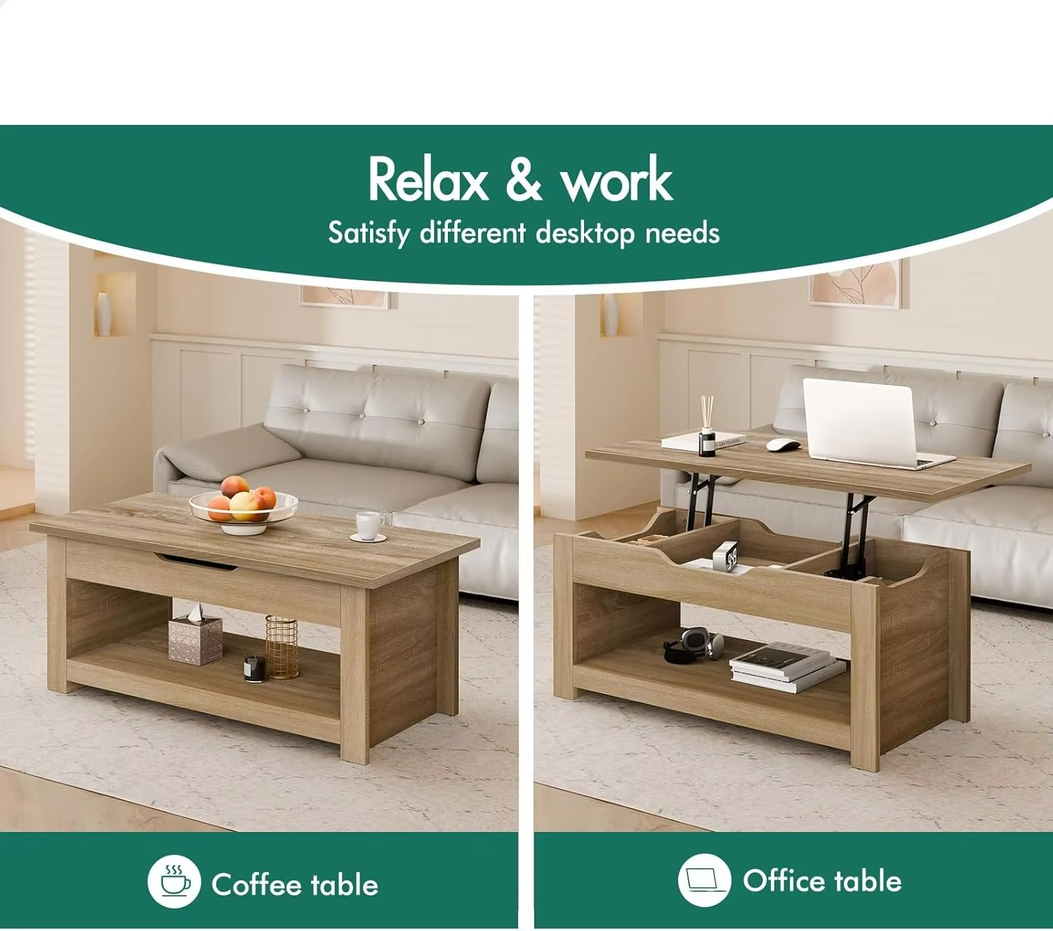 Lift Tabletop Coffee Table Center Table Wood Color, Living Room Office Reception Dining Table with Rising Top, Hidden Storage a