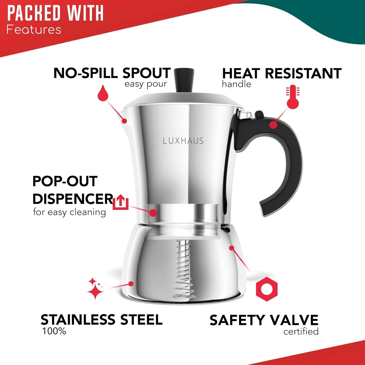 Stovetop Espresso Maker - 6 Cup Moka Pot Coffee Maker - 100% Stainless Steel