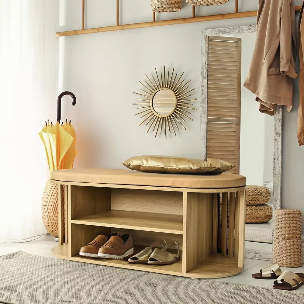 Storage, Foot Rest Stool Bench Padded Seat, Multi-Functional Entryway Bench with Open Shelves for Bedroom, Living Room, or Hallw