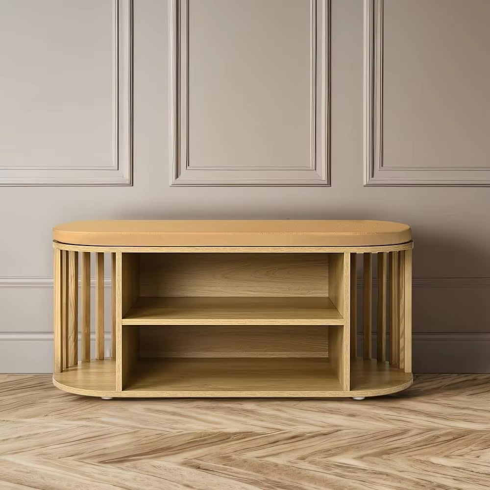 Storage, Foot Rest Stool Bench Padded Seat, Multi-Functional Entryway Bench with Open Shelves for Bedroom, Living Room, or Hallw