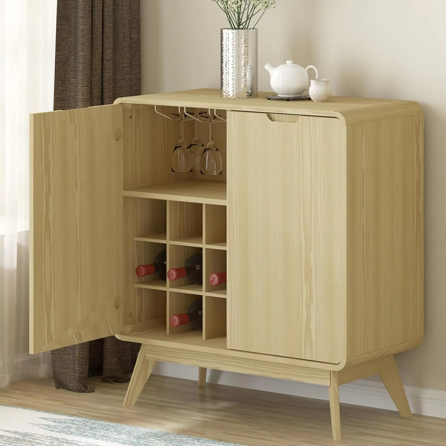 Sideboard Buffet Storage Cabinet with 9 Wine Racks,Credenza Buffet Table, Boho Console Accent Cabinet with Doors and Drawer, Cof