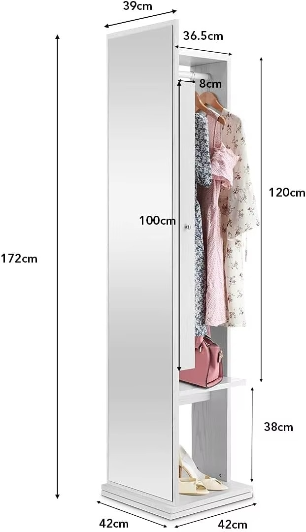 Storage Standing Full Length Mirror Sliding Cabinet 360 Rotating Coat Clothes Rack Armoire Organizer White