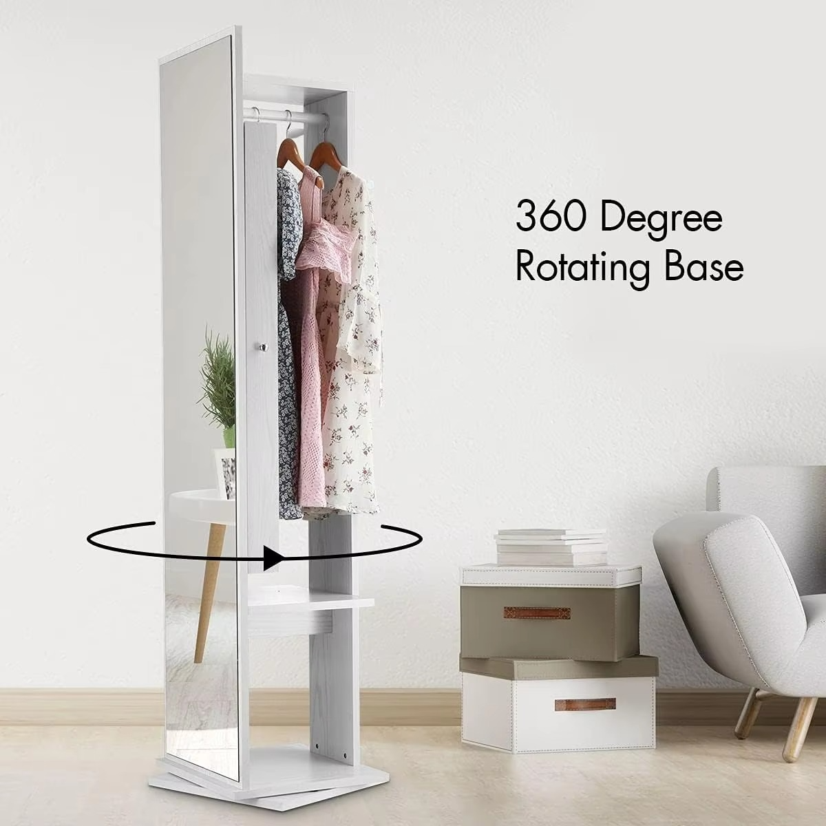 Storage Standing Full Length Mirror Sliding Cabinet 360 Rotating Coat Clothes Rack Armoire Organizer White