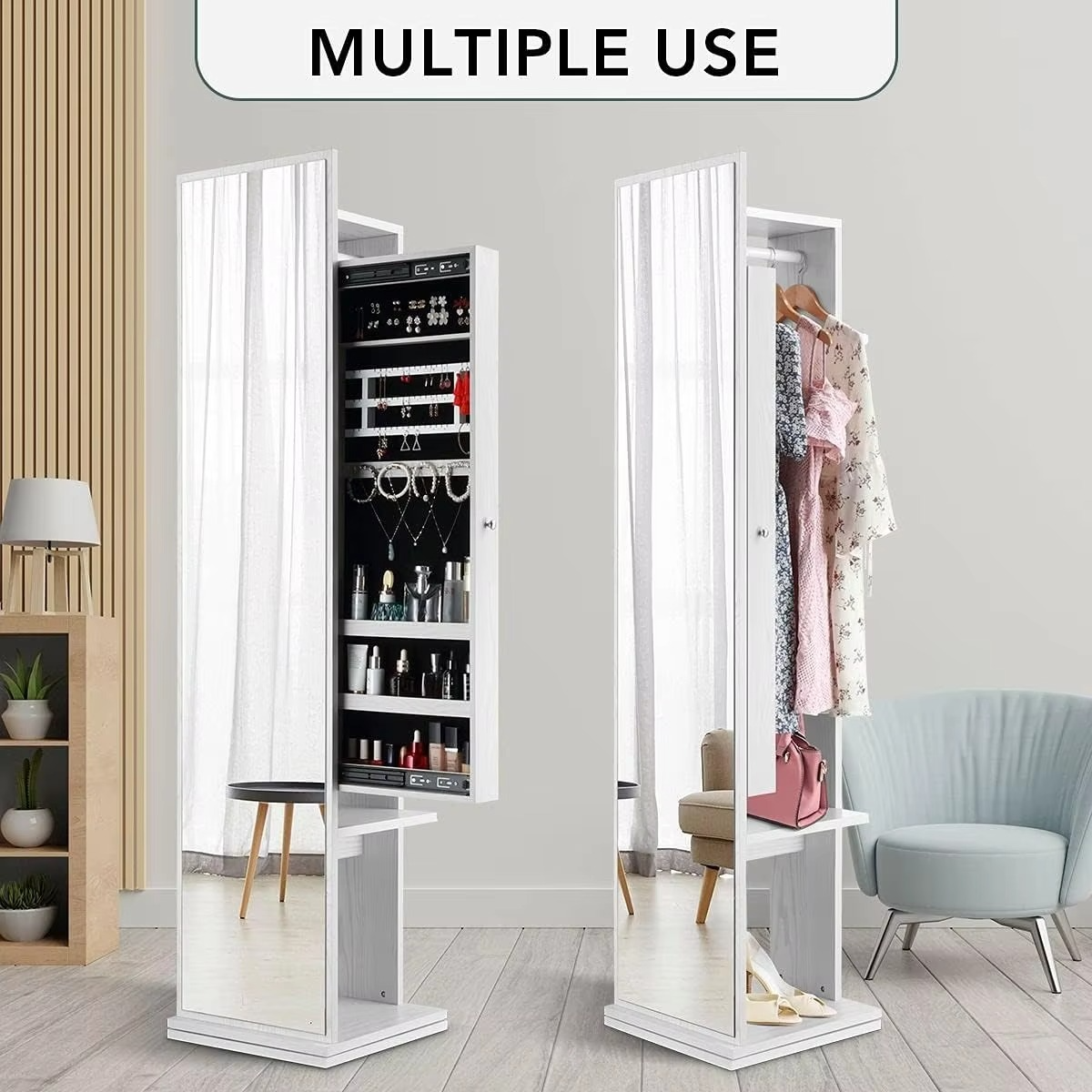Storage Standing Full Length Mirror Sliding Cabinet 360 Rotating Coat Clothes Rack Armoire Organizer White
