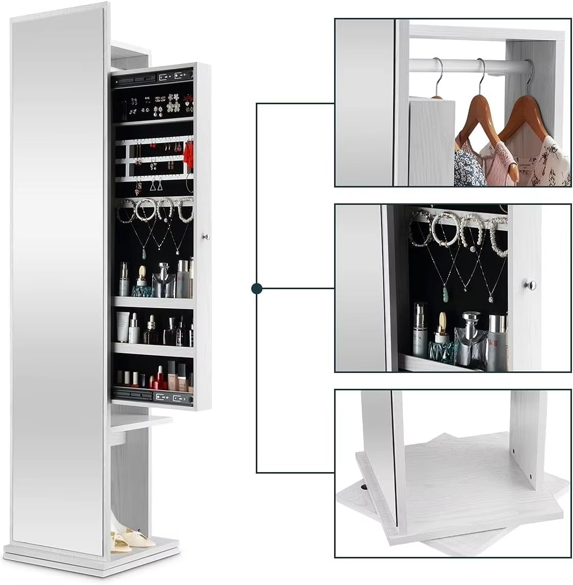 Storage Standing Full Length Mirror Sliding Cabinet 360 Rotating Coat Clothes Rack Armoire Organizer White