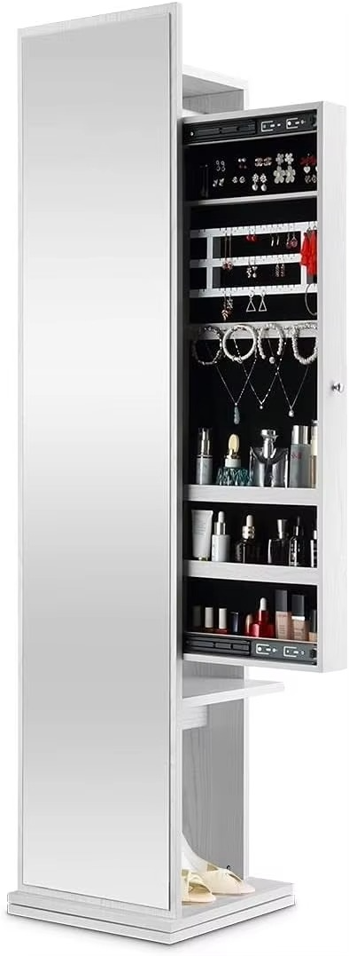 Storage Standing Full Length Mirror Sliding Cabinet 360 Rotating Coat Clothes Rack Armoire Organizer White