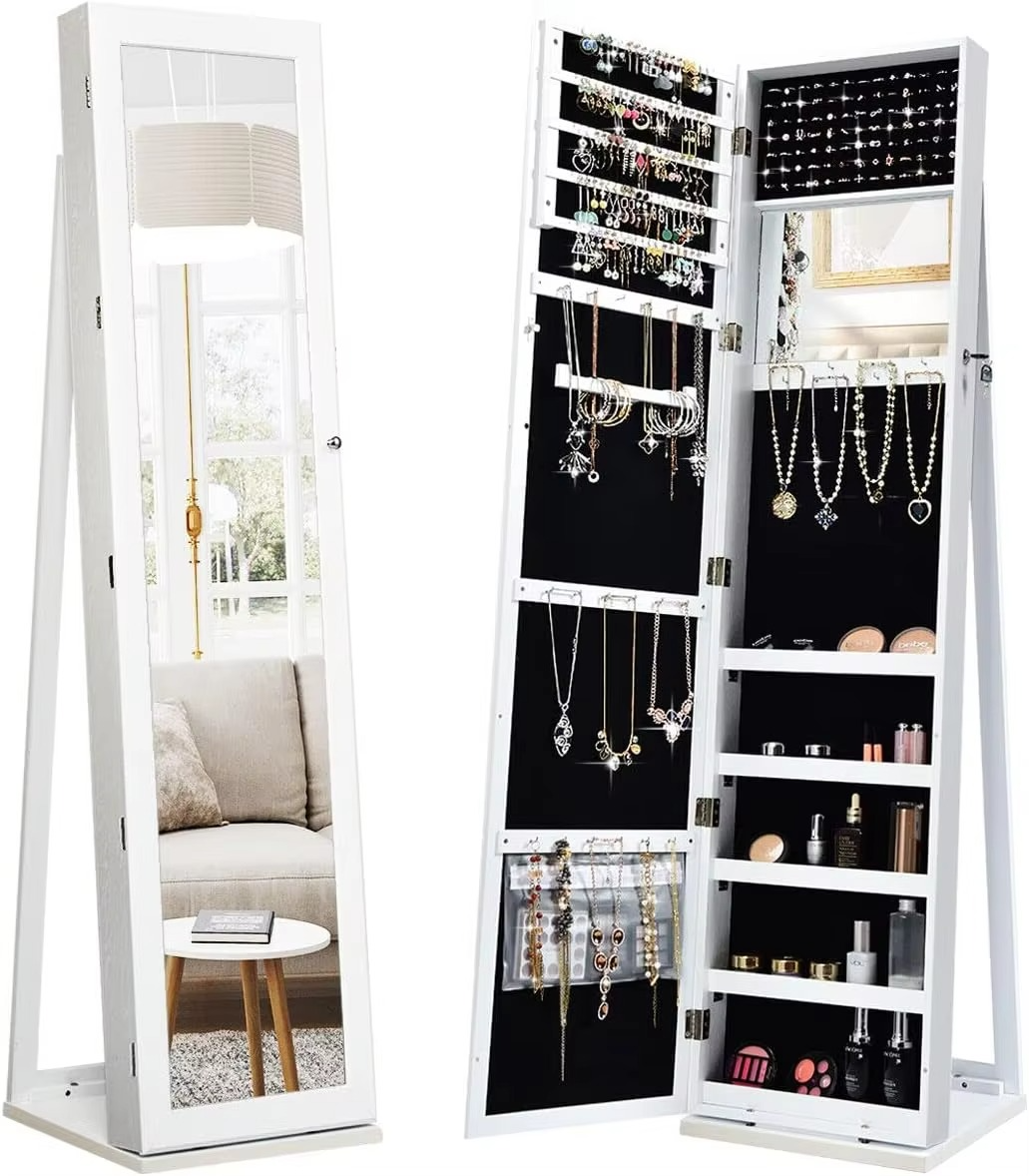 2-in-1 Standing Jewelry Armoire w/Higher Full Length Mirror, Lockable Jewelry Cabinet Organizer w/Large Storage Capacity, Insid
