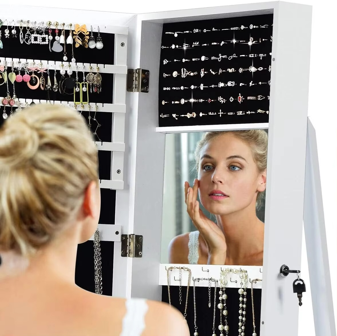 2-in-1 Standing Jewelry Armoire w/Higher Full Length Mirror, Lockable Jewelry Cabinet Organizer w/Large Storage Capacity, Insid